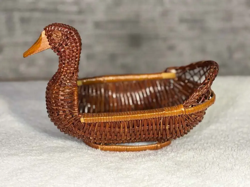 Vintage Hand-Woven Wicker Duck Basket with Carved Wooden Beak